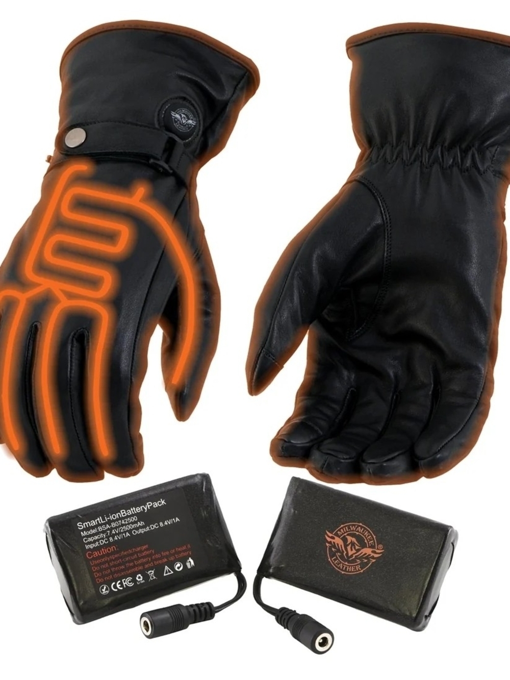 Heated Motorcycle Black Leather Gloves with Battery Pack - Milwaukee Leather